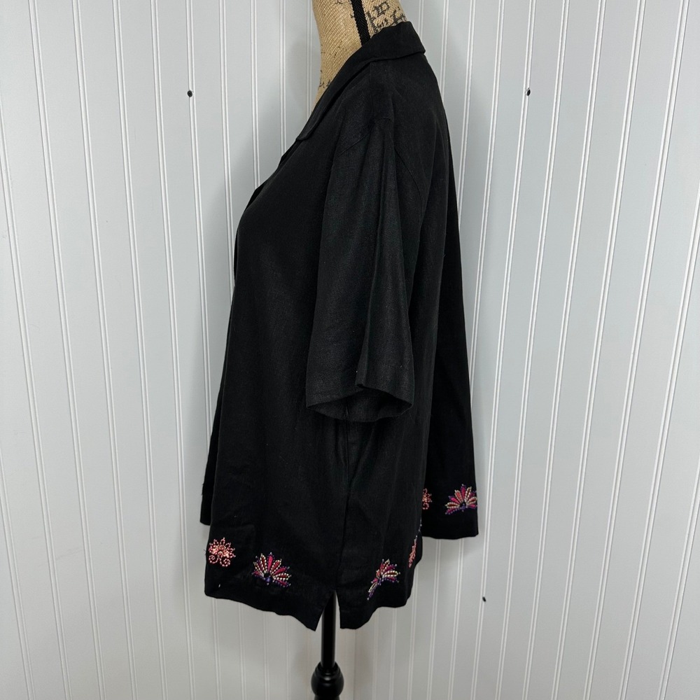 Kim Rogers Linen Blend Shirt Black Beaded Floral Embroidered Button Up Sz 1X - Picture 3 of 16
